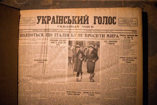 MIKAELA MACKENZIE / WINNIPEG FREE PRESS
A 1936 copy of the Ukrainian Voice, which has been published since 1910, is closing in Winnipeg on Wednesday, Aug. 8, 2018. 
Winnipeg Free Press 2018.