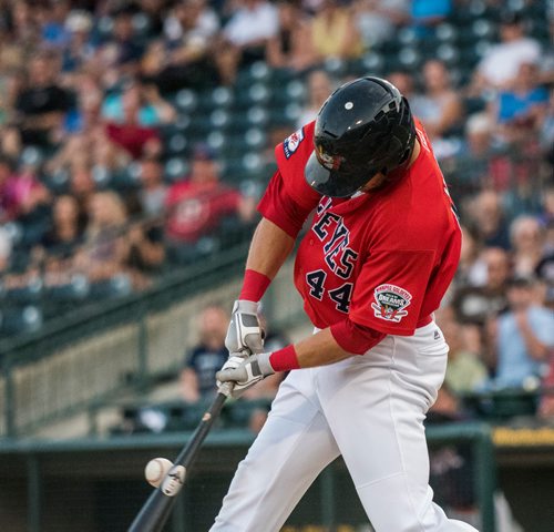 DAVID LIPNOWSKI / WINNIPEG FREE PRESS

Winnipeg Goldeyes #44 Grant Heyman connects with the ball during action against the Cleburne Railroaders at Shaw park August 8, 2018.