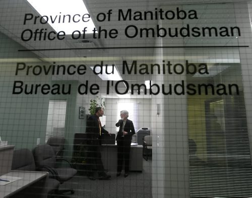Brandon Sun Manitoba Ombudsman Irene Hamilton speaks with Brandon-East MLA Drew Caldwell at the new location in Brandon on the second floor of the Scotia Towers on Thursday afternoon. The Office of the Ombudsman was set up to investigate complaints from persons who feel they have been unfairly treated by government agencies. (Bruce Bumstead/Brandon Sun)