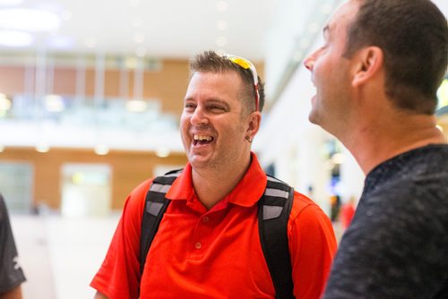 MIKAELA MACKENZIE / WINNIPEG FREE PRESS
Jamie Benzelock meets his stem cell donor, Marco Kiunka, for the first time at the airport in Winnipeg on Thursday, Aug. 9, 2018. 
Winnipeg Free Press 2018.