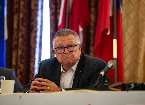ANDREW RYAN / WINNIPEG FREE PRESS Federal Public Safety Minister Ralph Goodale frowns as he listens to speakers before an update on the legalization of cannabis and how it relates to policing at the Canadian Association of Police Governance conference at the Fort Gary Hotel on August 9, 2018.