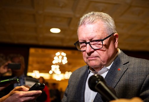 ANDREW RYAN / WINNIPEG FREE PRESS Federal Public Safety Minister Ralph Goodale listens to questions from reporters after he gave an update on the legalization of cannabis and how it relates to policing at the Canadian Association of Police Governance conference at the Fort Gary Hotel on August 9, 2018.