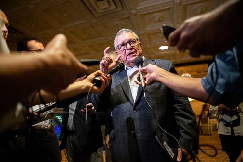 ANDREW RYAN / WINNIPEG FREE PRESS Federal Public Safety Minister Ralph Goodale answers questions from reporters after he gave an update on the legalization of cannabis and how it relates to policing at the Canadian Association of Police Governance conference at the Fort Gary Hotel on August 9, 2018.