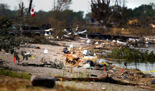 PHIL HOSSACK / WINNIPEG FREE PRESS -  A makeshift "KEEP OUT" sign posts the Margaret Bruce Beach and campground Tuesday afternoon, wrecked after a tornado Friday. Looters were spotted shortly after the storm picking through the debris. See story. - August 7, 2018