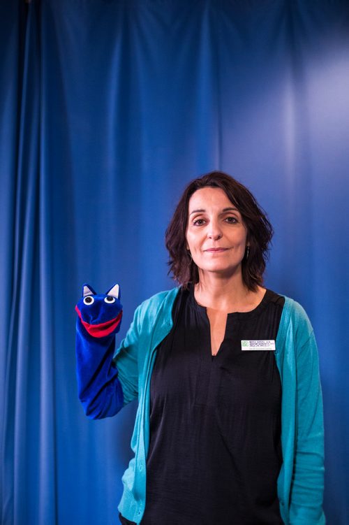 MIKAELA MACKENZIE / WINNIPEG FREE PRESS
Maria Soroka, child life specialist, and the star of The Good Day Show, Noname, in the studio at the Children's Hospital in Winnipeg on Wednesday, Aug. 8, 2018. The daily live show has been running for over 30 years exclusively for the dozens of kids staying at the facility.
Winnipeg Free Press 2018.