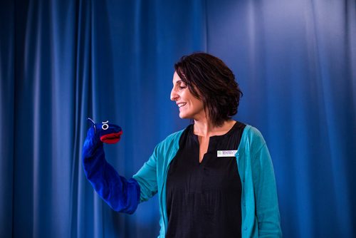 MIKAELA MACKENZIE / WINNIPEG FREE PRESS
Maria Soroka, child life specialist, and the star of The Good Day Show, Noname, in the studio at the Children's Hospital in Winnipeg on Wednesday, Aug. 8, 2018. The daily live show has been running for over 30 years exclusively for the dozens of kids staying at the facility.
Winnipeg Free Press 2018.