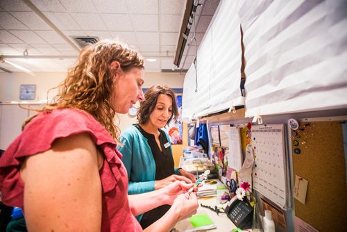 MIKAELA MACKENZIE / WINNIPEG FREE PRESS
Nicole Hase-Wilson (left) and Maria Soroka, child life specialists, prepare for The Good Day show in the studio at the Children's Hospital in Winnipeg on Wednesday, Aug. 8, 2018. The daily live show has been running for over 30 years exclusively for the dozens of kids staying at the facility.
Winnipeg Free Press 2018.