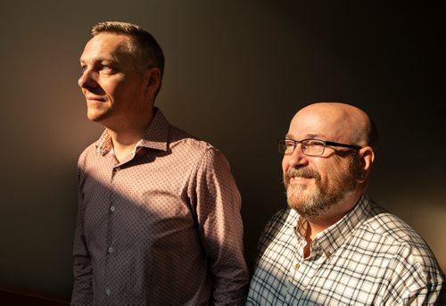ANDREW RYAN / WINNIPEG FREE PRESS Bishop-elect Reverand Jason Zinko, left, MNO Synod of Evangelical Lutheran Church in Canada and Bishop-elect Geoff Woodcroft of Anglican Diocese of Rupert's Land pose for a portrait on on August 9, 2018. Both are the new bishops for both Anglican and Lutherans and work out of the same office. The denominations cooperate with each other and both organizations elected new bishops this summer due to retirements.