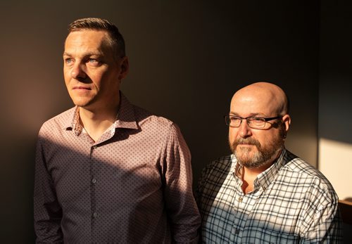 ANDREW RYAN / WINNIPEG FREE PRESS Bishop-elect Reverand Jason Zinko, left, MNO Synod of Evangelical Lutheran Church in Canada and Bishop-elect Geoff Woodcroft of Anglican Diocese of Rupert's Land pose for a portrait on on August 9, 2018. Both are the new bishops for both Anglican and Lutherans and work out of the same office. The denominations cooperate with each other and both organizations elected new bishops this summer due to retirements.