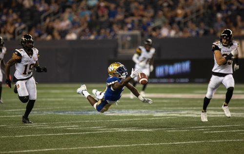 ANDREW RYAN / WINNIPEG FREE PRESS Kenbrell Thompkins (2) misses a catch in the 4th quarter in Bombers versus Hamilton Tigercats game action on August 10, 2018.