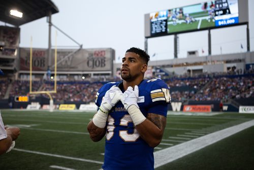 ANDREW RYAN / WINNIPEG FREE PRESS Andrew Harris (33) looks around the stadium between plays against the Hamilton Tigercats in game action on August 10, 2018.