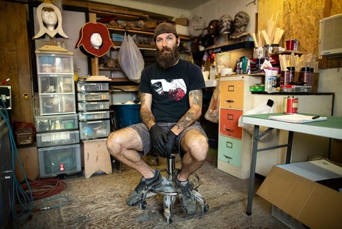ANDREW RYAN / WINNIPEG FREE PRESS Christian Hadley, poses for a portrait in his home studio in Winnipeg on August 11, 2018. Hadley was commissioned to design the "beast" prosthetics for the upcoming Rainbow Stage production of Beauty and the Beast.