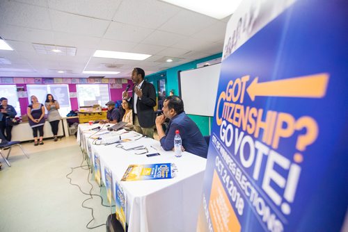 MIKAELA MACKENZIE / WINNIPEG FREE PRESS
Abdikheir Ahmed, director of Immigration Partnership Winnipeg, speaks at the Newcomer Get Out the Vote campaign launch in Winnipeg on Tuesday, Aug. 14, 2018. 
Winnipeg Free Press 2018.