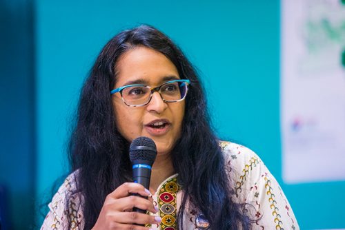 MIKAELA MACKENZIE / WINNIPEG FREE PRESS
Shereen Denetto, member of the Newcomer Civic Engagement Working Group, speaks at the Newcomer Get Out the Vote campaign launch in Winnipeg on Tuesday, Aug. 14, 2018. 
Winnipeg Free Press 2018.