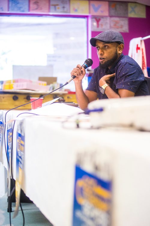 MIKAELA MACKENZIE / WINNIPEG FREE PRESS
Surafel Kuchem, member of the Newcomer Civic Engagement Working Group, speaks at the Newcomer Get Out the Vote campaign launch in Winnipeg on Tuesday, Aug. 14, 2018. 
Winnipeg Free Press 2018.