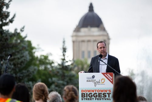 ANDREW RYAN / WINNIPEG FREE PRESS Jason Smith, president of Smith Events, speaks at the launch of Manyfest at memorial park on August 14, 2018.