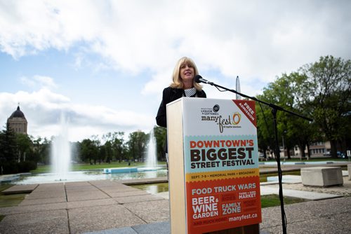 ANDREW RYAN / WINNIPEG FREE PRESS Cathy Cox, minister of sport, culture, and heritage speaks at the launch of Manyfest at memorial park on August 14, 2018.