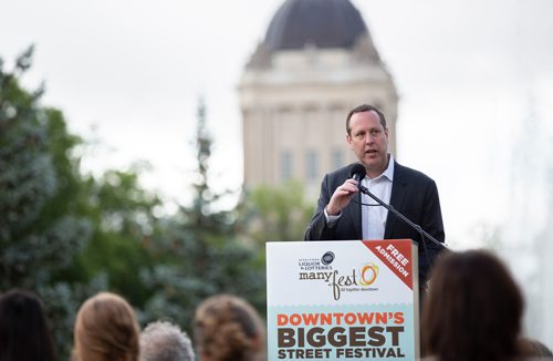 ANDREW RYAN / WINNIPEG FREE PRESS Jason Smith, president of Smith Events, speaks at the launch of Manyfest at memorial park on August 14, 2018.