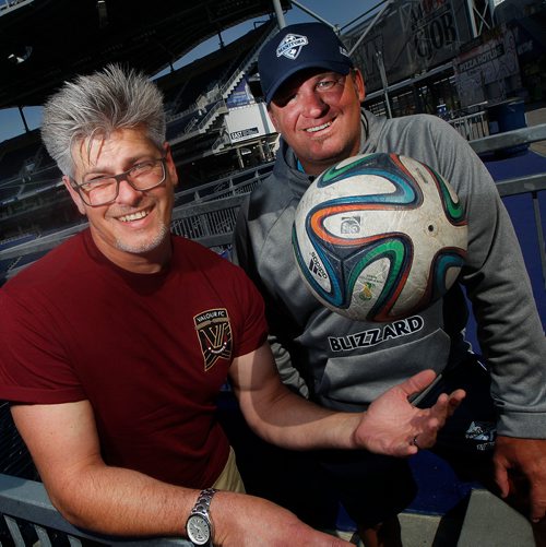 PHIL HOSSACK / WINNIPEG FREE PRESS - Jim Zinko (left) and Trevor Kidd pose at Investor's Group Field Wednesday. See Allen Taylor's story women's soccer program with Manitoba Blizzard aligning with Valour FC.  - August 15, 2018
