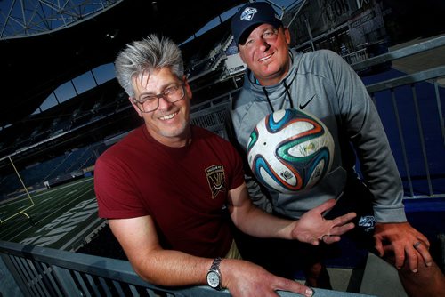 PHIL HOSSACK / WINNIPEG FREE PRESS - Jim Zinko (left) and Trevor Kidd pose at Investor's Group Field Wednesday. See Allen Taylor's story women's soccer program with Manitoba Blizzard aligning with Valour FC.  - August 15, 2018