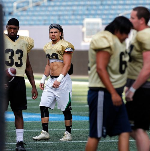 PHIL HOSSACK / WINNIPEG FREE PRESS -Bison Jamel Lyles #22 struts his stuff on the practice field Wednesday. See story.  - August 15, 2018