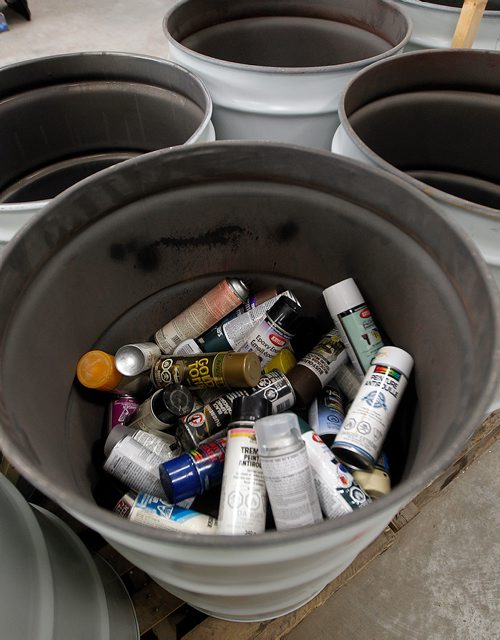 PHIL HOSSACK / WINNIPEG FREE PRESS -  Aerosol spray cans fill a barrel at the city's newest 4R Recycling Depot on Panet Road Thursday. See Jill Wilson's story. - August 15, 2018