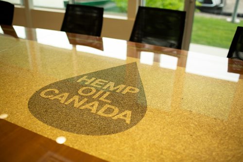 ANDREW RYAN / WINNIPEG FREE PRESS The board room table at Hemp Oil Canada is decorated with hemp seeds and hemp derived particle board. Shot on August 16, 2018.