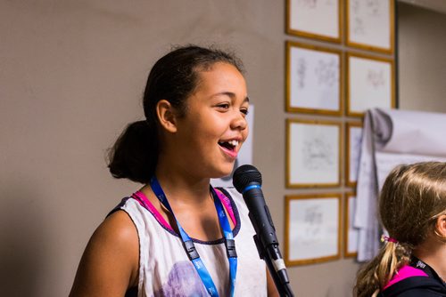 MIKAELA MACKENZIE / WINNIPEG FREE PRESS
Autumn Baker-Foort sings during vocals class at the inaugural Girls Rock Winnipeg, a new day camp in which girls and non-binary youth form a band, write a song, record, and perform in the space of a week, at the West End Cultural Centre in Winnipeg on Wednesday, Aug. 15, 2018. 
Winnipeg Free Press 2018.