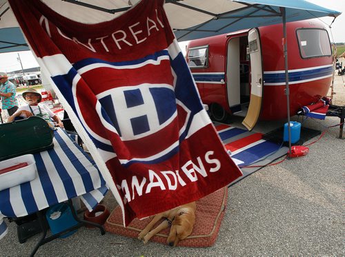 PHIL HOSSACK / WINNIPEG FREE PRESS - Jim Arnuk (left in hat) and his Montreal Canadiens themed Boler on display with many other of the Boler Campers at Exhibition grounds Saturday. See Melissa Martin's story.  - August 17, 2018