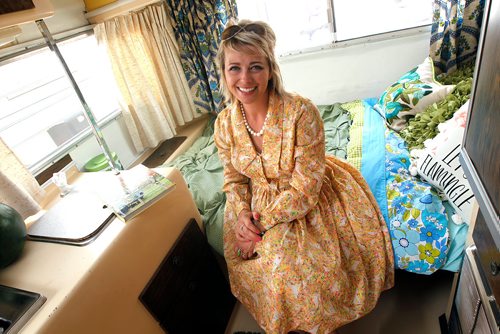 PHIL HOSSACK / WINNIPEG FREE PRESS - Boler 'Bitch' Amanda Hoppe poses in the bedroom suite of her Boler on display with many other of the Boler Campers at Exhibition grounds Saturday. See Melissa Martin's story.  - August 17, 2018