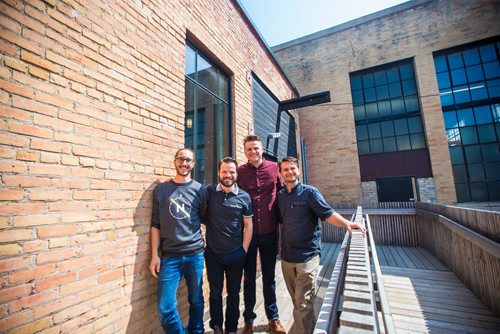 MIKAELA MACKENZIE / WINNIPEG FREE PRESS
Dylan Picton (left), Matthew Sabourin, Ben Myers, and Mark Borowski at the new Nonsuch Brewing Co location in Winnipeg on Monday, Aug. 20, 2018.
Winnipeg Free Press 2018.
