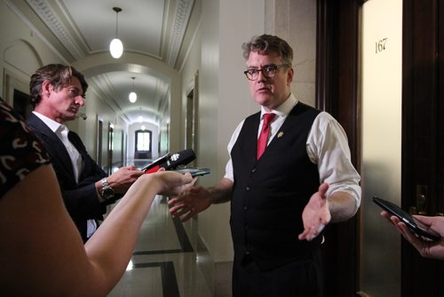 JESSICA BOTELHO-URBANSKI / WINNIPEG FREE PRESS
Manitoba Liberal Party leader Dougald Lamont called for Sustainable Development Minister Rochelle Squires' resignation at the legislature Tuesday after a Free Press story revealed Squires may have known about St. Boniface soil contamination before the June byelection blackout period, but did not alert residents about the public health issue.