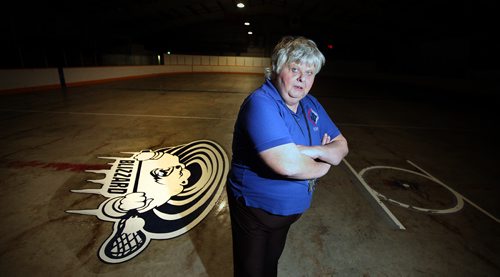 PHIL HOSSACK / WINNIPEG FREE PRESS -  Arena Manager Gisele Reynolds poses on the concrete surface at The St Boniface Notre Dame Community Centre. The  Ice Rink sits idle when normally they'd have begun making ice for the upcoming hockey season. Aldo Santin story.  - August 212, 2018