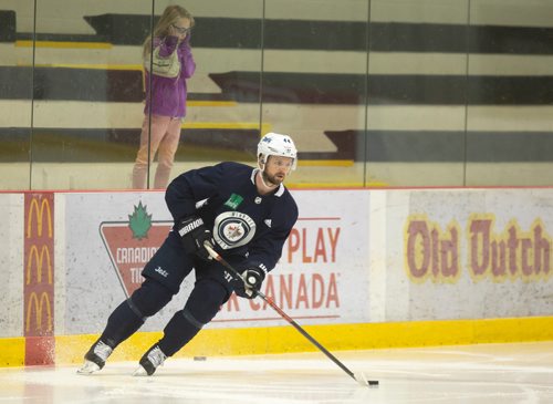 ANDREW RYAN / WINNIPEG FREE PRESS Free agent Josh Morrissey was seen skating a practicing with Winnipeg Jets player Mark Scheifele practice at the Bell MTS Ice Plex on August 21, 2018.
