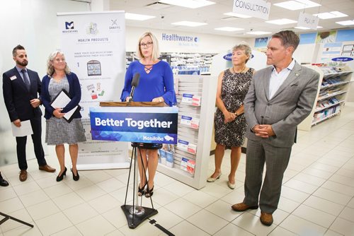 MIKE DEAL / WINNIPEG FREE PRESS
(from left) Grant Pidwinski, Associate-Owner and Pharmacist of the Polo Park Shoppers Drug Mart Pharmacy, Dr. Brenna Shearer, CEO of Pharmacists Manitoba, Rochelle Squires Minister of Sustainable Development, Ginette Vanessa, director general of the HPSA and Cameron Friesen Minister of Health, Seniors and Active Living during an announcement at the Polo Park Shoppers Drug Mart that the provincial government has renewed a partnership to collect and safely dispose of unused or expired medication.
180822 - Wednesday, August 22, 2018.