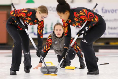 JOHN WOODS / WINNIPEG FREE PRESS
Anna Sidorovain of Russia, centre, curls against Darcy Robertson in the final of the Goldline Icebreaker at Granite Curling Club Sunday, August 26, 2018. This is the first North American  stop in the world curling tour .