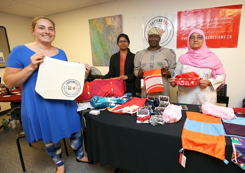 JASON HALSTEAD / WINNIPEG FREE PRESS

L-R: Anne-Lydie Bolay (operations director with The Cutting Edge), Samina Parveen (Cutting Edge employee), Mafata Keita (former Cutting Edge participant) and Habib Khanam (volunteer) at the Cutting Edge Pop­-up Shop on Aug. 16, 2018 hosted by the Canadian Mental Health Association at its Portage Avenue office. (See Social Page)