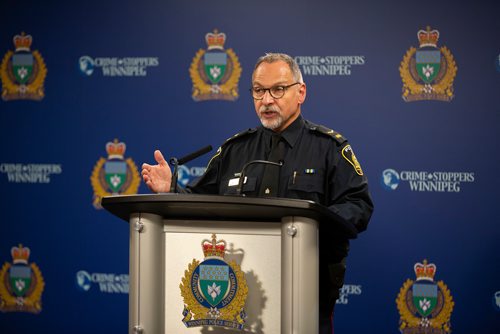 ANDREW RYAN / WINNIPEG FREE PRESS Constable Rob Carver announces to the press that the Winnipeg Police found and seized several weapons and ammunition as part of an investigation into the illegal distribution of methamphetamine on August 23, 2018. Shot at a Police press conference on August 28, 2018.