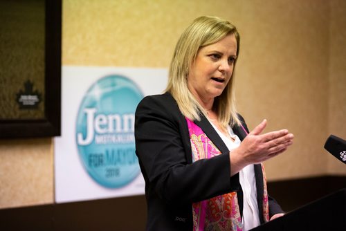 ANDREW RYAN / WINNIPEG FREE PRESS Mayoral candidate Jenny Motkaluk speaks to media in a conference room at the Canadinn Hotel new Polo park before making a speech about transit on August 28, 2018.