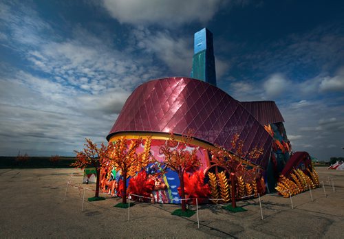 PHIL HOSSACK / WINNIPEG FREE PRESS - The Latern Festival is nearly set up at the Red River Ex Grounds featuring a large replica of the Human Rights Museum. See story. - August 28, 2018