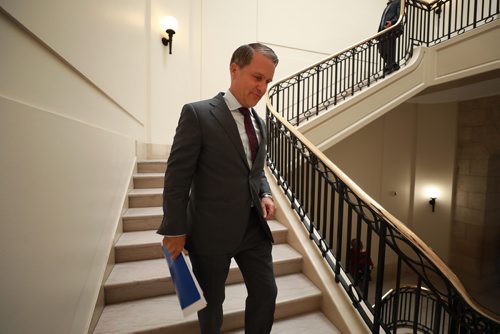 RUTH BONNEVILLE / WINNIPEG FREE PRESS

Photo of Cameron Friesen, Minister of Health, Seniors and Active Living, making his way down the stairs at the Legislative Building on his way to meet with the Premier Wednesday.

See Larry's story. 


August 29/18
