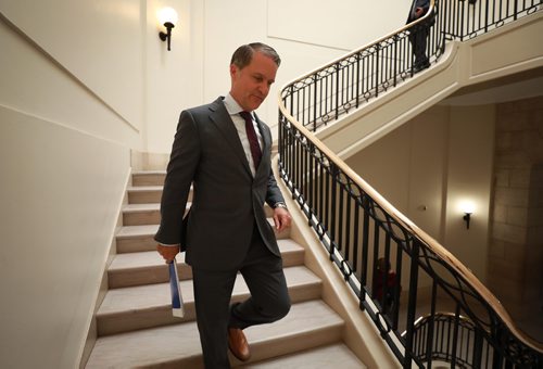 RUTH BONNEVILLE / WINNIPEG FREE PRESS

Photo of Cameron Friesen, Minister of Health, Seniors and Active Living, making his way down the stairs at the Legislative Building on his way to meet with the Premier Wednesday.

See Larry's story. 


August 29/18
