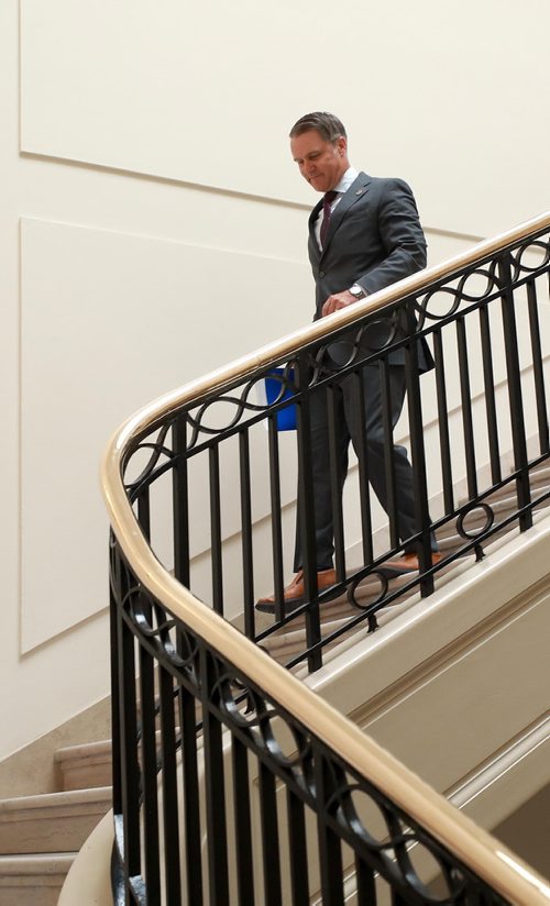 RUTH BONNEVILLE / WINNIPEG FREE PRESS

Photo of Cameron Friesen, Minister of Health, Seniors and Active Living, making his way down the stairs at the Legislative Building on his way to meet with the Premier Wednesday.

See Larry's story. 


August 29/18
