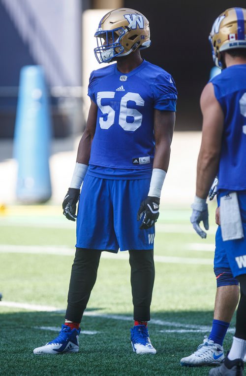 MIKE DEAL / WINNIPEG FREE PRESS
Winnipeg Blue Bombers' Gerald Rivers (56) during practice at Investors Group Field Thursday morning. 
180830 - Thursday, August 30, 2018.