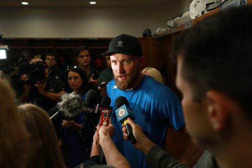 RUTH BONNEVILLE / WINNIPEG FREE PRESS 


Winnipeg Jets player, #26 Blake Wheeler talks to the media about him recently signing a five-year contract extension, in the dressing room after practice on the ice at Iceplex Tuesday.  

See Jay Bell story.

September 4/18 
