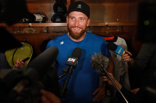 RUTH BONNEVILLE / WINNIPEG FREE PRESS 


Winnipeg Jets player, #26 Blake Wheeler, is all smiles as he talks to the media in the dressing room about signing a five-year contract extension, after practice at Iceplex Tuesday. 

See Jay Bell story.

September 4/18 
