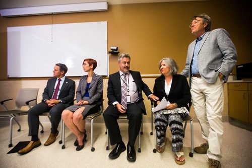MIKAELA MACKENZIE / WINNIPEG FREE PRESS
Cameron Friesen (left), Erin Knight, Ben Fry, Christine Dobbs, and Lang Watson wait to speak at a media event announcing the opening of a Rapid Access to Addictions Medicine clinic in Winnipeg on Wednesday, Sept. 5, 2018. 
Winnipeg Free Press 2018.