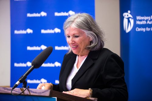 MIKAELA MACKENZIE / WINNIPEG FREE PRESS
Christine Dobbs, Moms Stop the Harm representative, reacts to the opening of a Rapid Access to Addictions Medicine clinic in Winnipeg on Wednesday, Sept. 5, 2018. 
Winnipeg Free Press 2018.