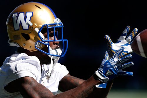 JOHN WOODS / WINNIPEG FREE PRESS
Winnipeg Blue Bombers' Corey Washington (6) catches during practice at the University of Manitoba Wednesday, September 5, 2018.