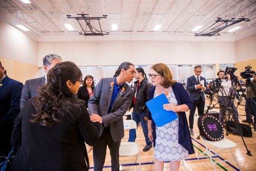 MIKAELA MACKENZIE / WINNIPEG FREE PRESS
Grand Chief Arlen Dumas leans towards Minister Jane Philpott before the grand opening of the expanded campus of Southeast Collegiate, a secondary school that welcomes First Nations students from communities across Manitoba, in Winnipeg on Thursday, Sept. 6, 2018. 
Winnipeg Free Press 2018.